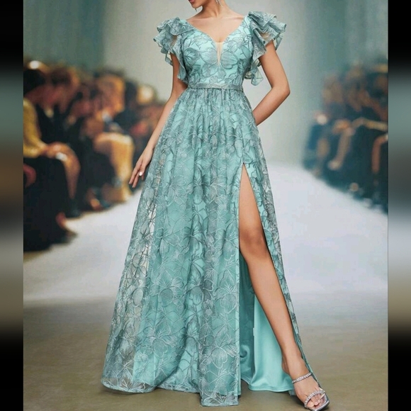 V-Neck Embroidered Lace Ruffle Trim Short Sleeve Front Slit High-End Evening Dre - Picture 2 of 4